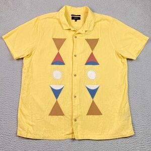 Roark Gonzo Camp Shirt Mens Size XL Yellow Embroidered Cotton Linen Short Sleeve